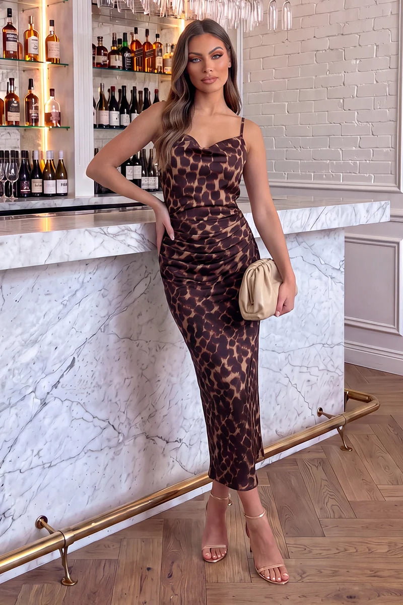 Ax Paris - DA2838 - Multi Animal Print Strappy Cowl Neck Ruched Midi Dress