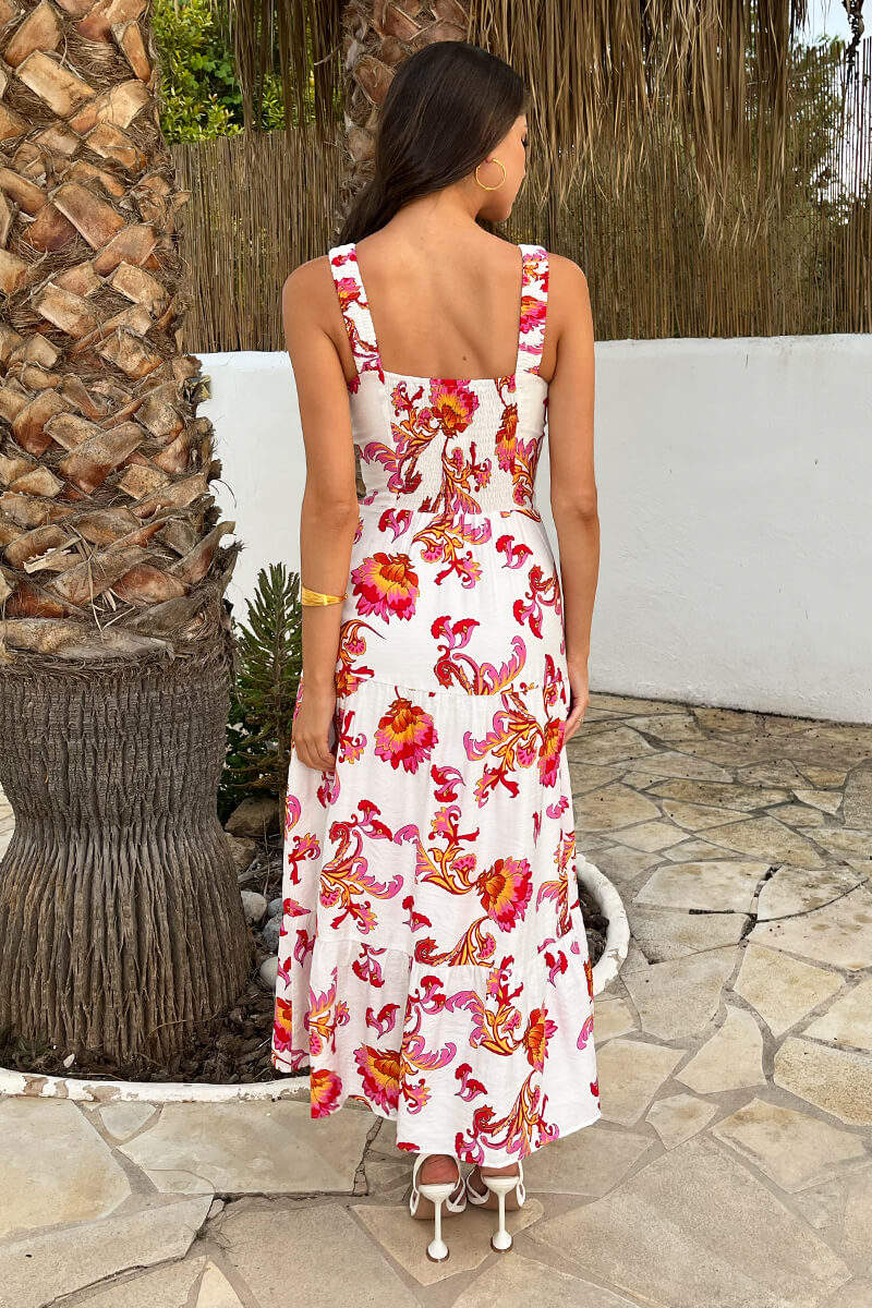 AX Paris - DA2605 - Multi Floral Print Shirred Straps Tiered Midi Dress
