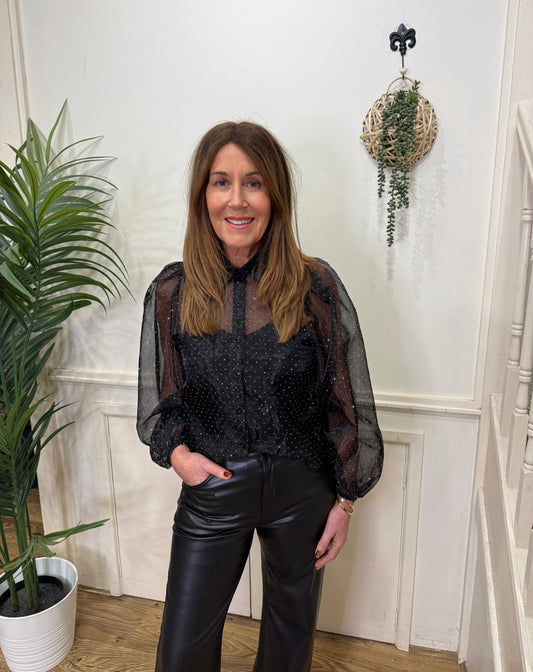 MORGAN - Sheer diamante pin prick detail shirt