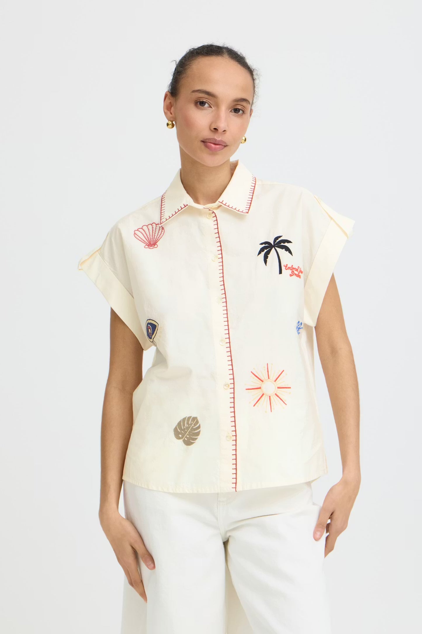 B.Young - JESSEL - Embroidered detail cap sleeve shirt