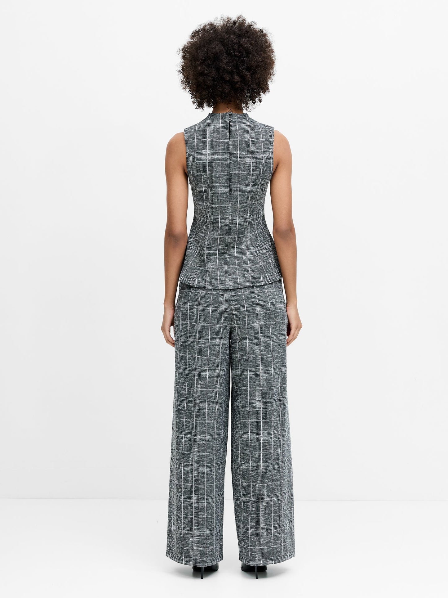 French Connection - Wesley Grey Check Jersey Wide Leg Trousers