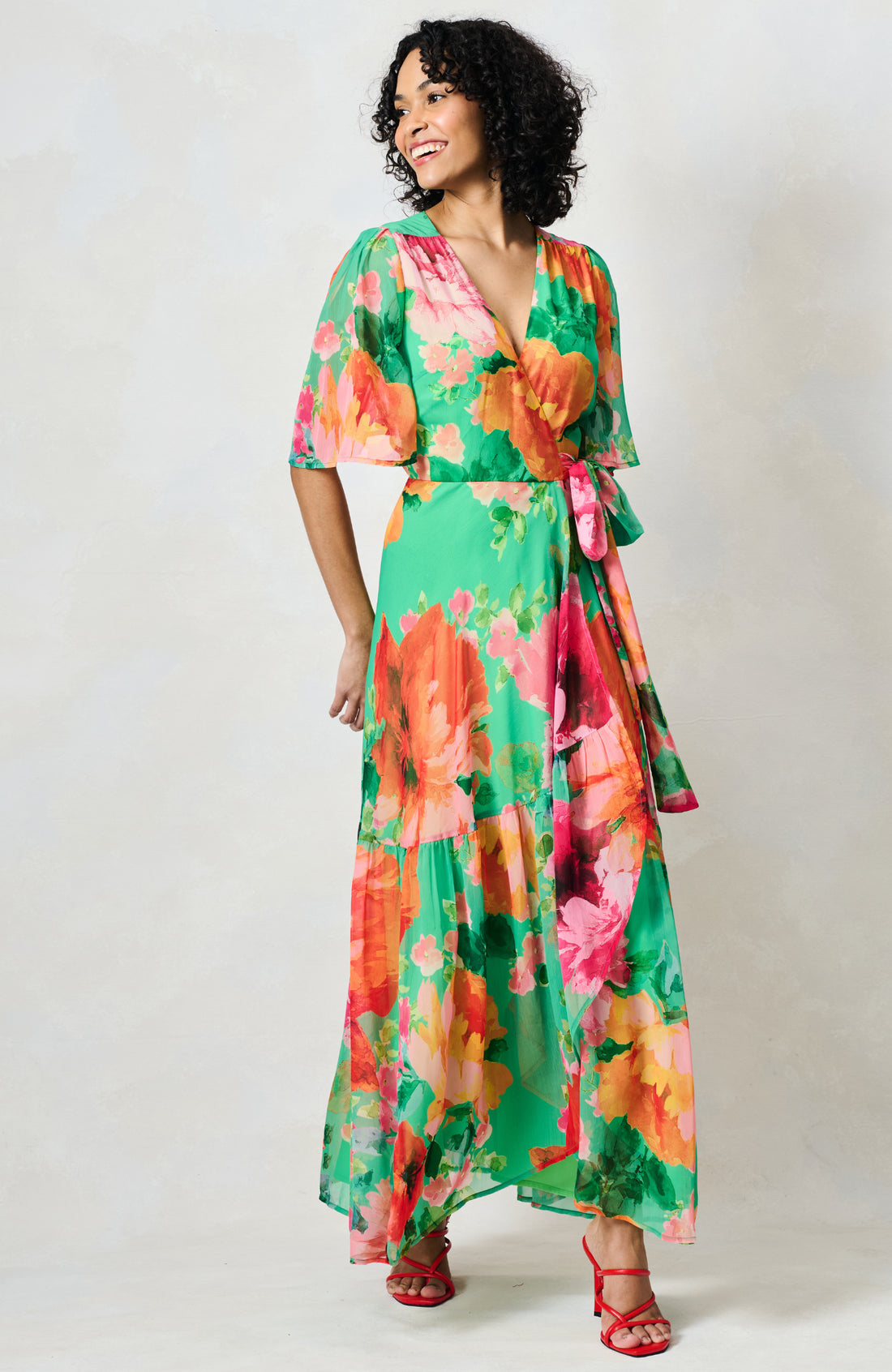 Hope & Ivy - The Samantha - Flutter Sleeve Maxi Wrap Dress with Tie Waist