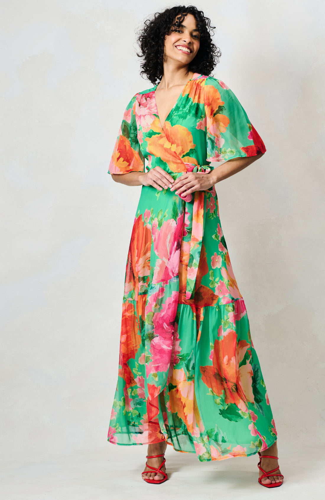 Hope & Ivy - The Samantha - Flutter Sleeve Maxi Wrap Dress with Tie Waist