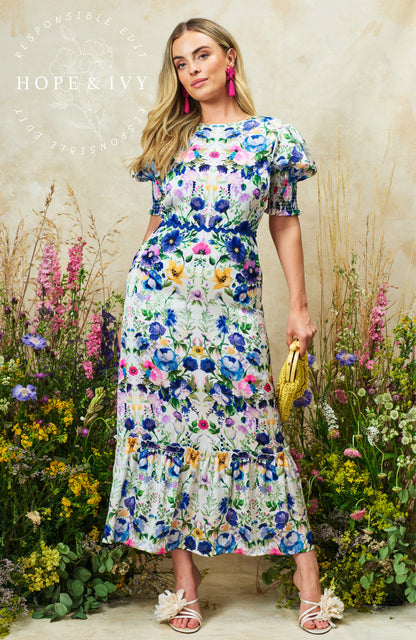 Hope & Ivy - 
The Charlotte Ann - Puff Sleeve Maxi Dress with Bow Back