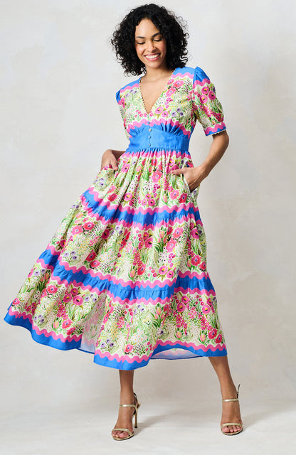 Hope & Ivy - The Jo - V. Neck Full Skirt Tea Dress with Puff Sleeves