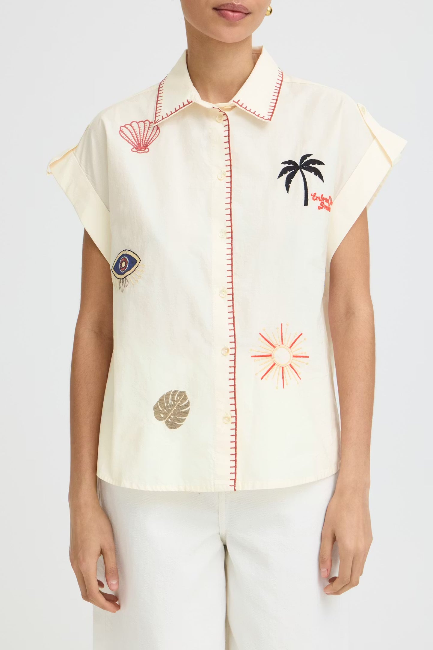 B.Young - JESSEL - Embroidered detail cap sleeve shirt