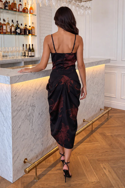 AX Paris - DA2690 - Black Floral Print Strappy Cowl Neck Midi Dress