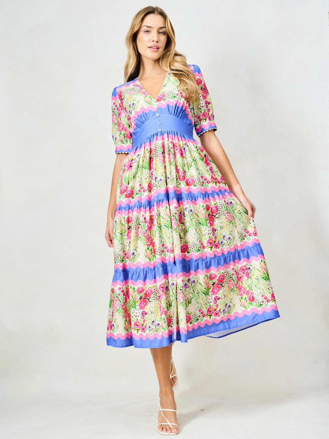 Hope & Ivy - The Jo - V. Neck Full Skirt Tea Dress with Puff Sleeves