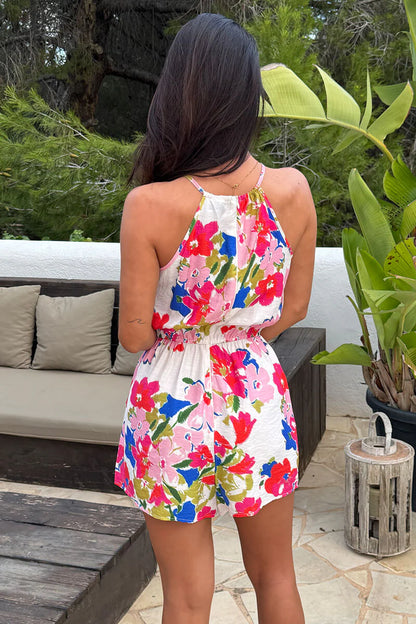 AX Paris - PA758 - Multi Smudge Floral Print Racer Neck Drawstring Playsuit