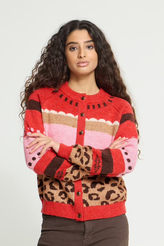 ICHI - LIVONI CA3 - Leopard & heart print knit cardigan