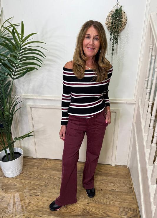 CHARLEE - Off the shoulder stripe fitted knit top