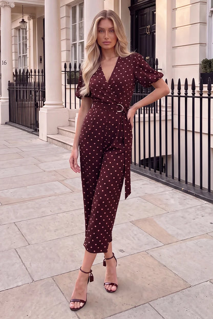 Ax Paris - PA767 - Burgundy Polka Dot Belted Wrap Jumpsuit