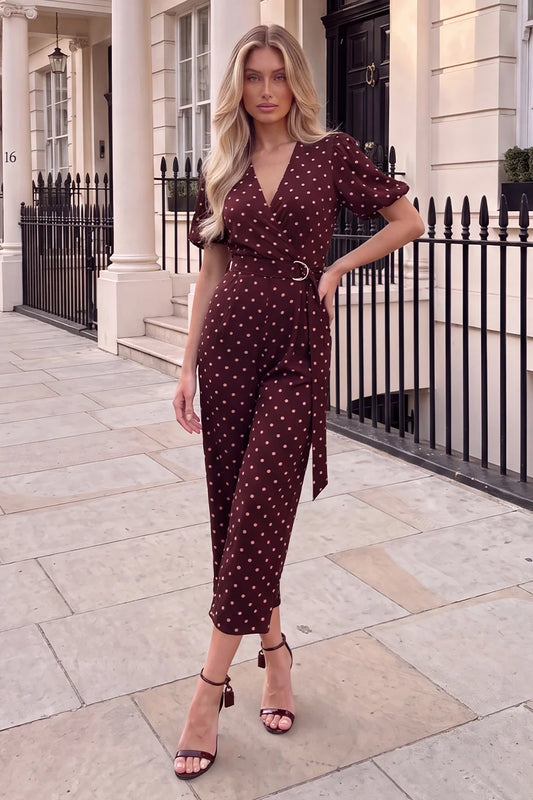 Ax Paris - PA767 - Burgundy Polka Dot Belted Wrap Jumpsuit