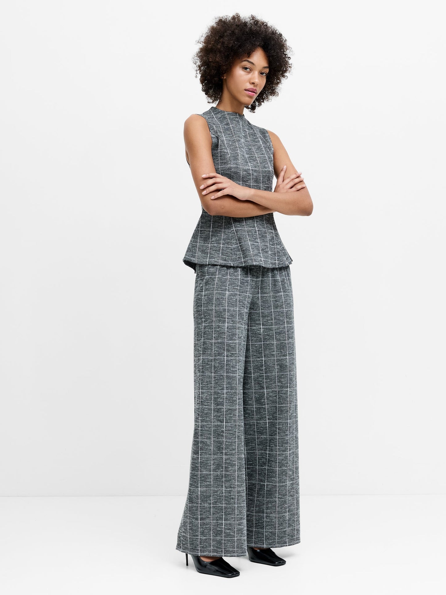 French Connection - Wesley Grey Check Jersey Wide Leg Trousers