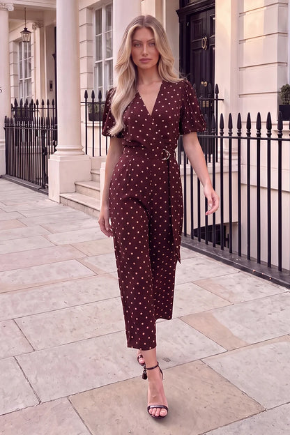 Ax Paris - PA767 - Burgundy Polka Dot Belted Wrap Jumpsuit