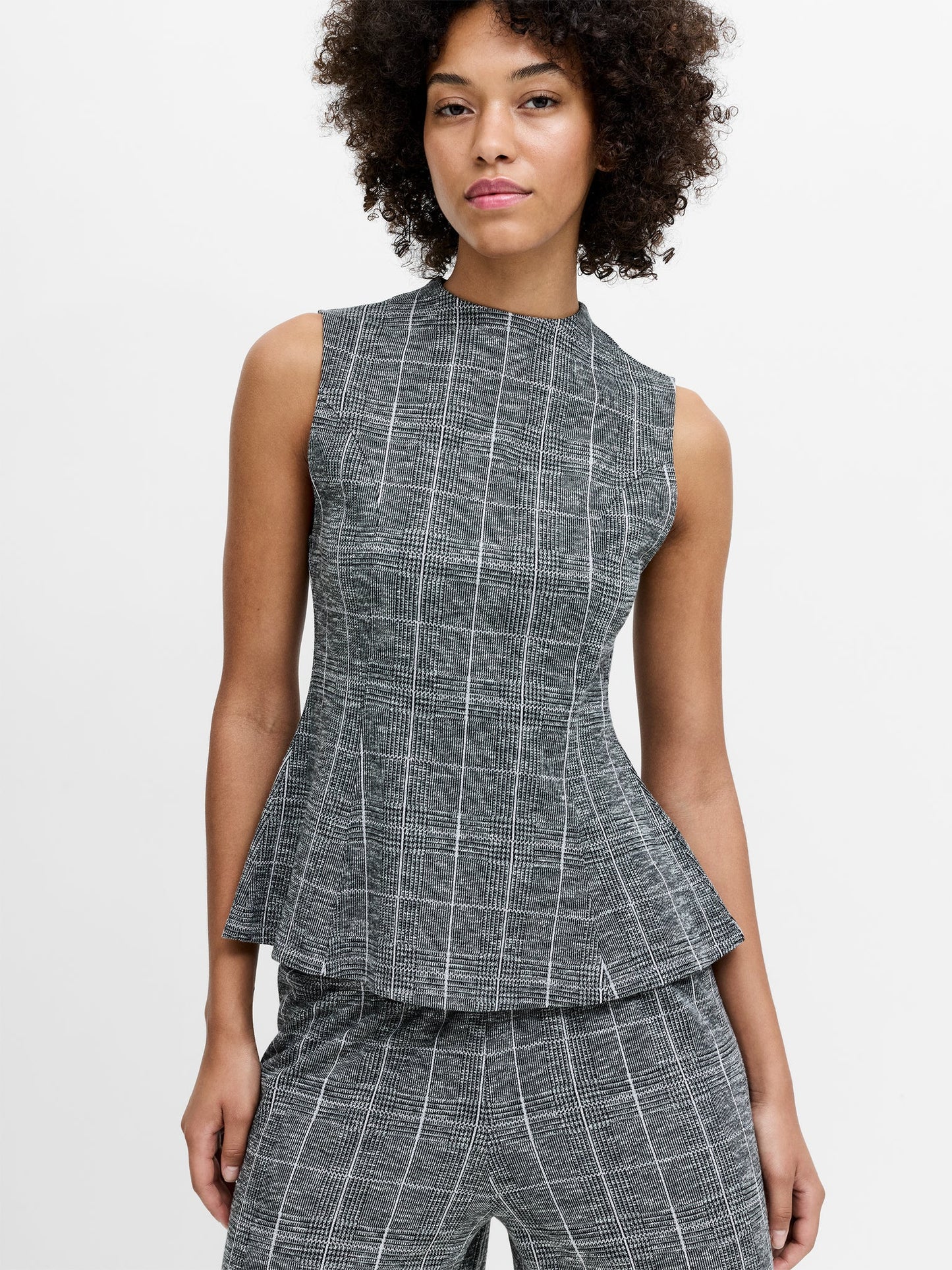 French Connection- Wesley Grey Check Jersey Peplum Top