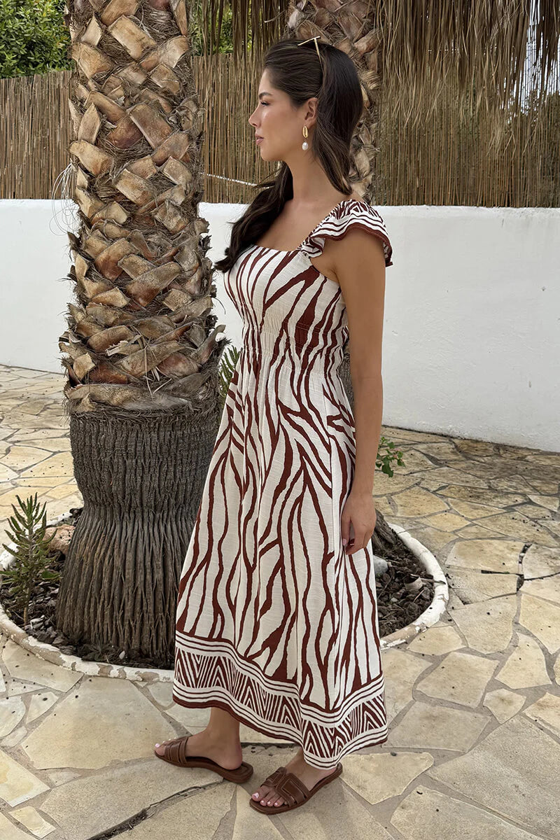 AX Paris - DA2572 - Cream And Brown Abstract Print Frill Strap Midi Dress