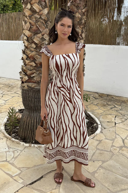 AX Paris - DA2572 - Cream And Brown Abstract Print Frill Strap Midi Dress
