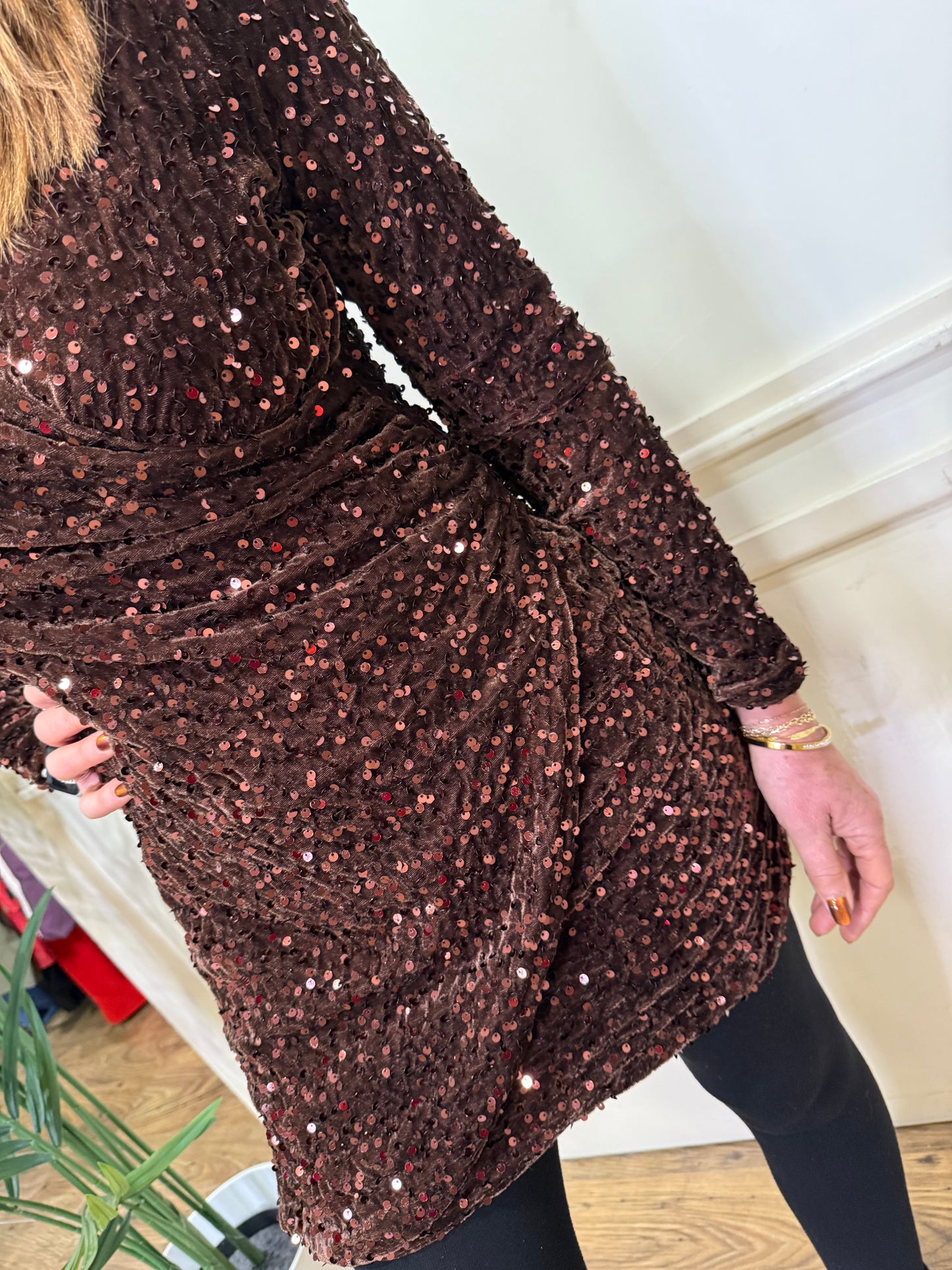 NEVE - Long Sleeve Sequin Wrap Look Dress