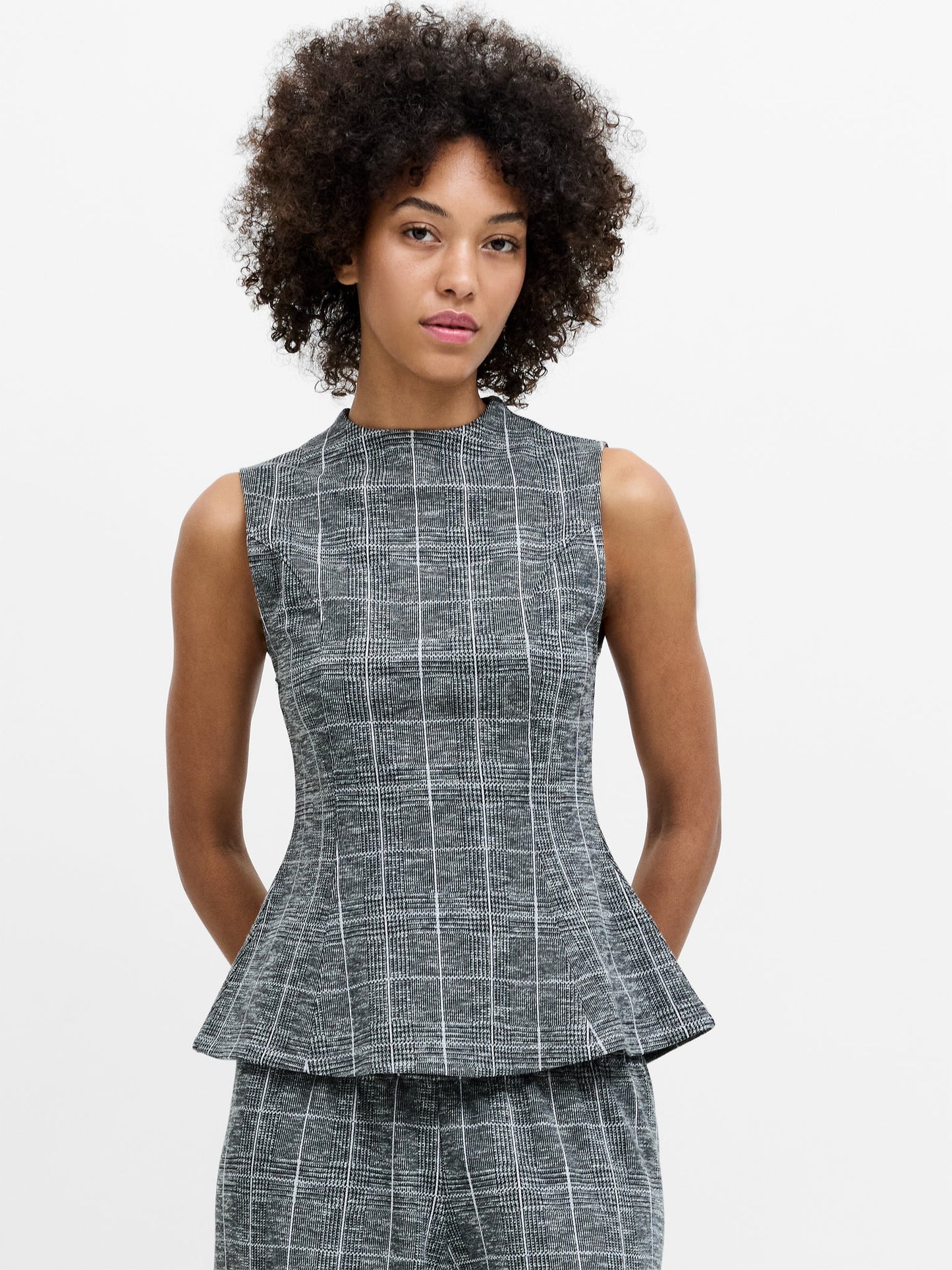 French Connection- Wesley Grey Check Jersey Peplum Top