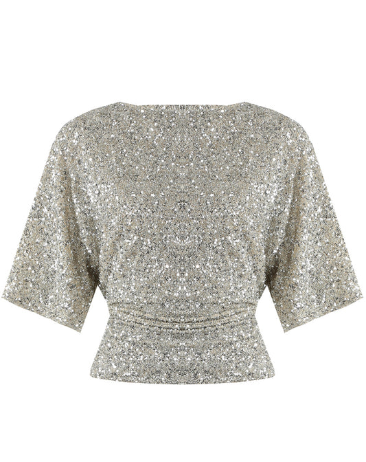 LORELEI - Sequin gathered waist short sleeve top