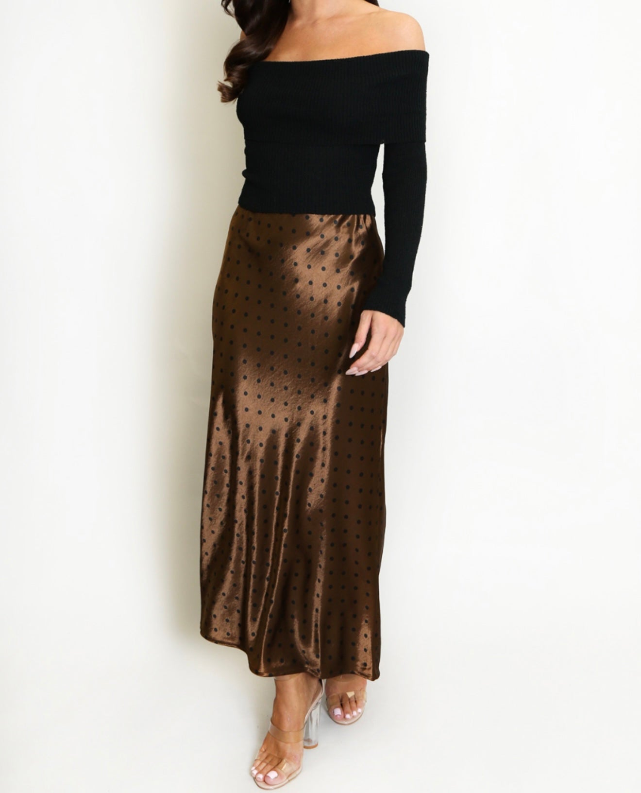 KLAIR - Satin polka dot midi skirt