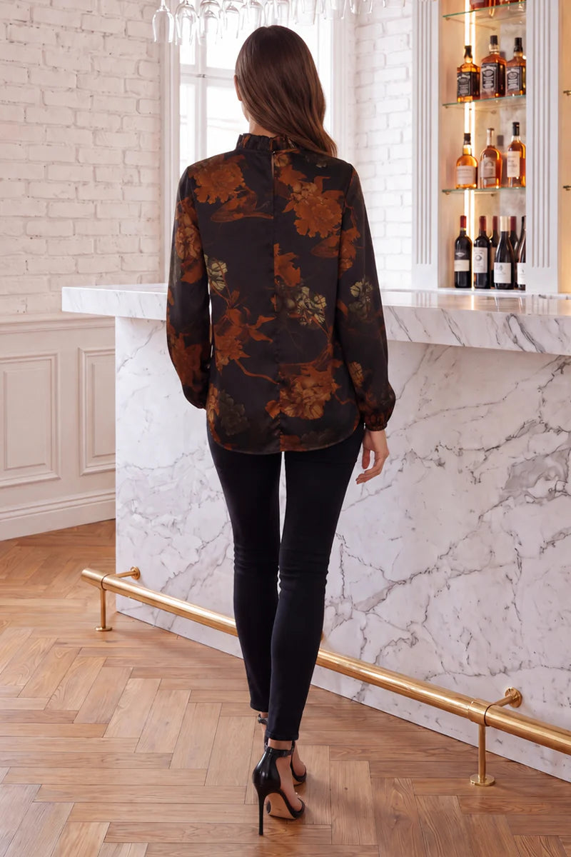 AX Paris - TA713 - Multi Floral Print Long Sleeve Ruffle Neck Top