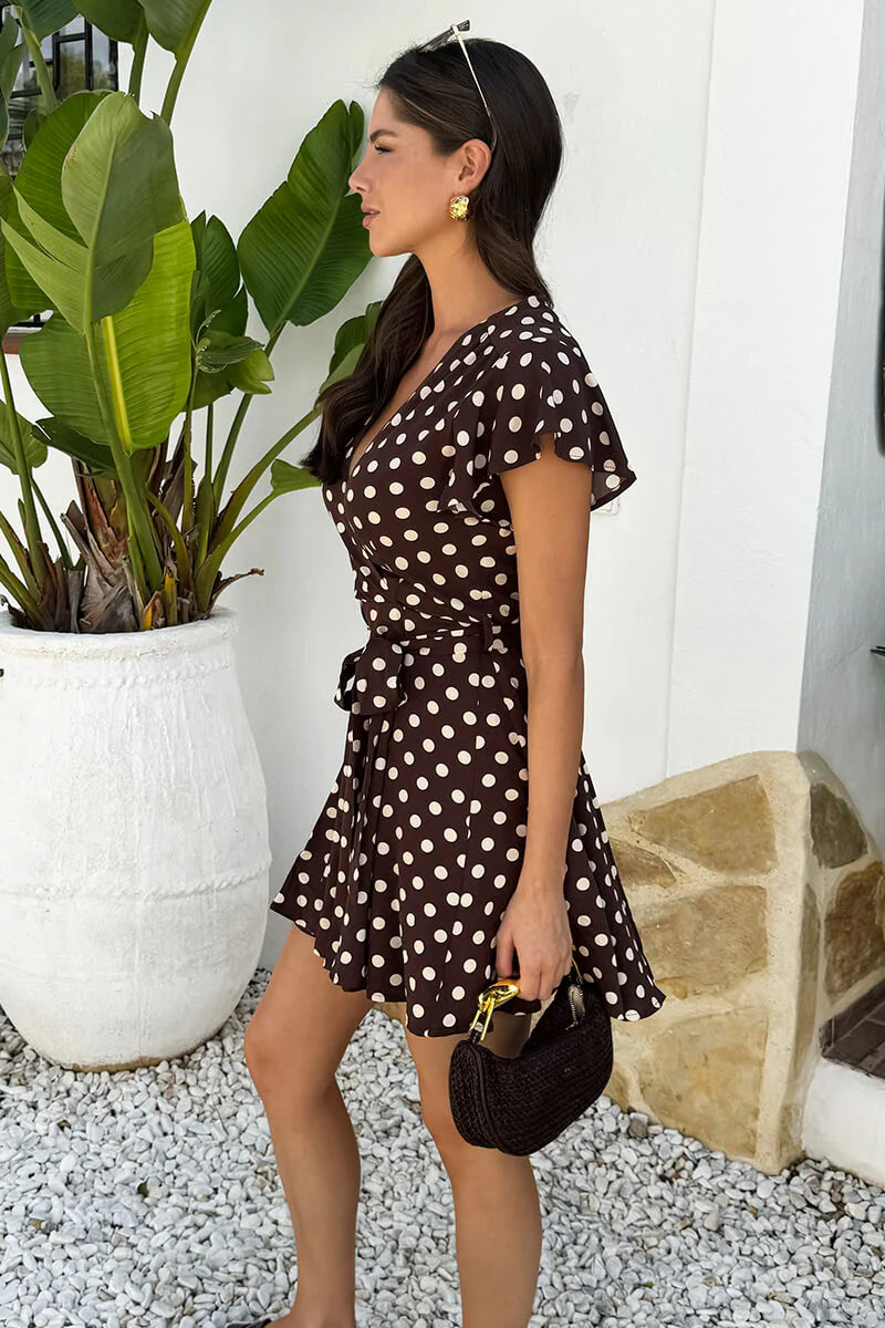 AX Paris - DA2493 - Chocolate Polka Dot Print Wrap Top Skater Mini Dress