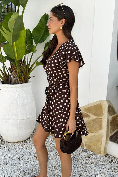 AX Paris - DA2493 - Chocolate Polka Dot Print Wrap Top Skater Mini Dress