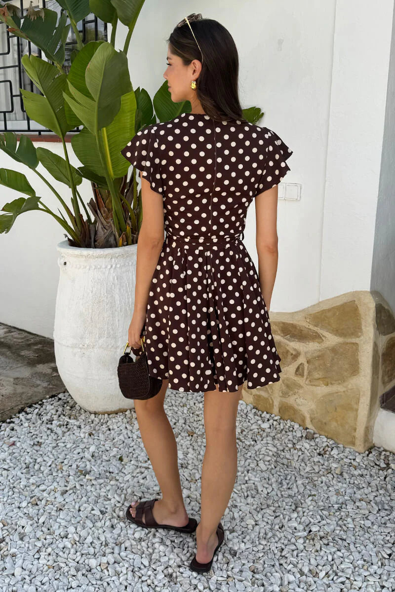 AX Paris - DA2493 - Chocolate Polka Dot Print Wrap Top Skater Mini Dress