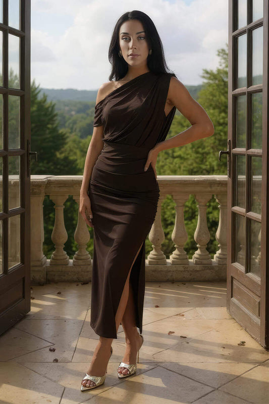AX Paris - DA2127 - Chocolate Off The Shoulder Draped Top Midi Dress