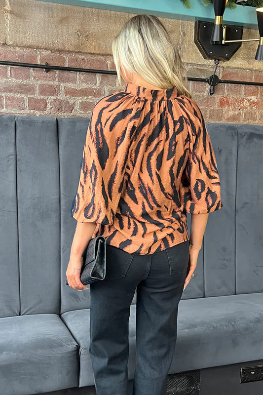 AX Paris - TA665 - Multi Tiger Print V-Neck 3/4 Sleeve Top