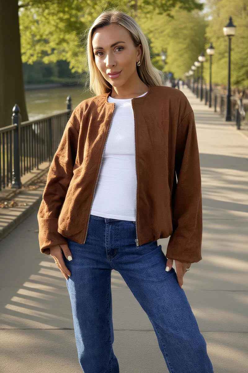 AX Paris - JKTA016 - Tan Faux Suede Bubble Hem Bomber Jacket