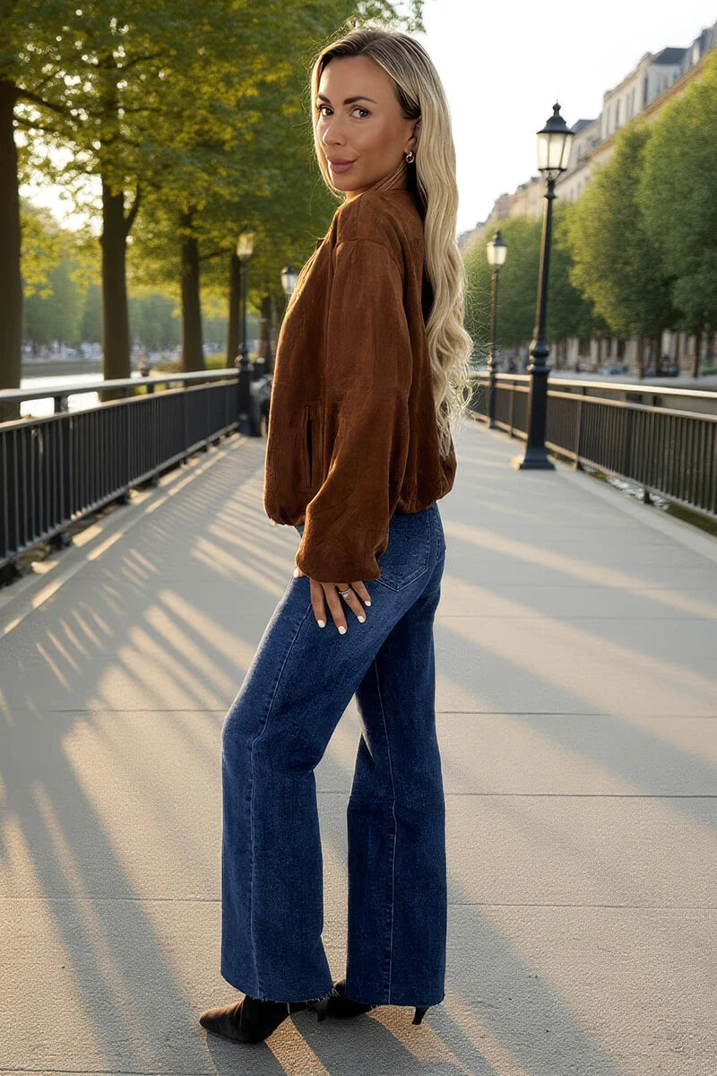 AX Paris - JKTA016 - Tan Faux Suede Bubble Hem Bomber Jacket