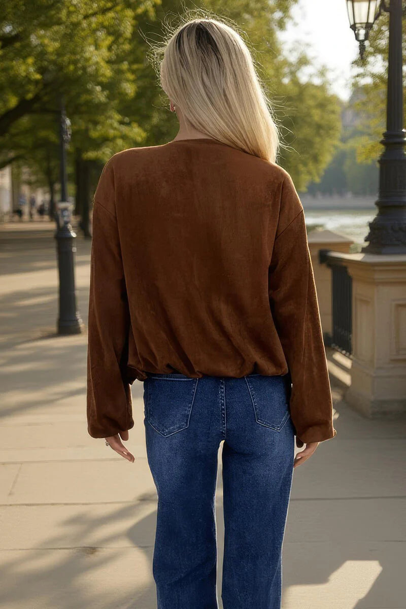 AX Paris - JKTA016 - Tan Faux Suede Bubble Hem Bomber Jacket