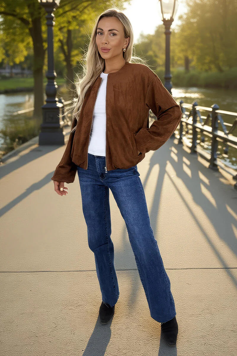 AX Paris - JKTA016 - Tan Faux Suede Bubble Hem Bomber Jacket
