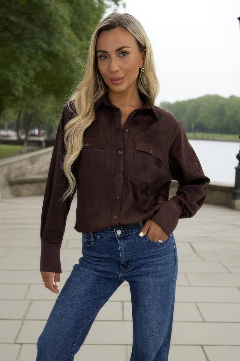 AX Paris - TA663 - Chocolate Faux Suede Long Sleeve Utility Shirt