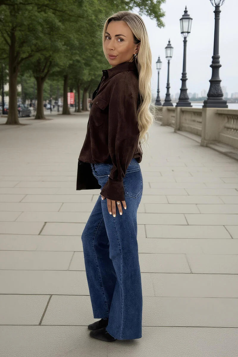 AX Paris - TA663 - Chocolate Faux Suede Long Sleeve Utility Shirt