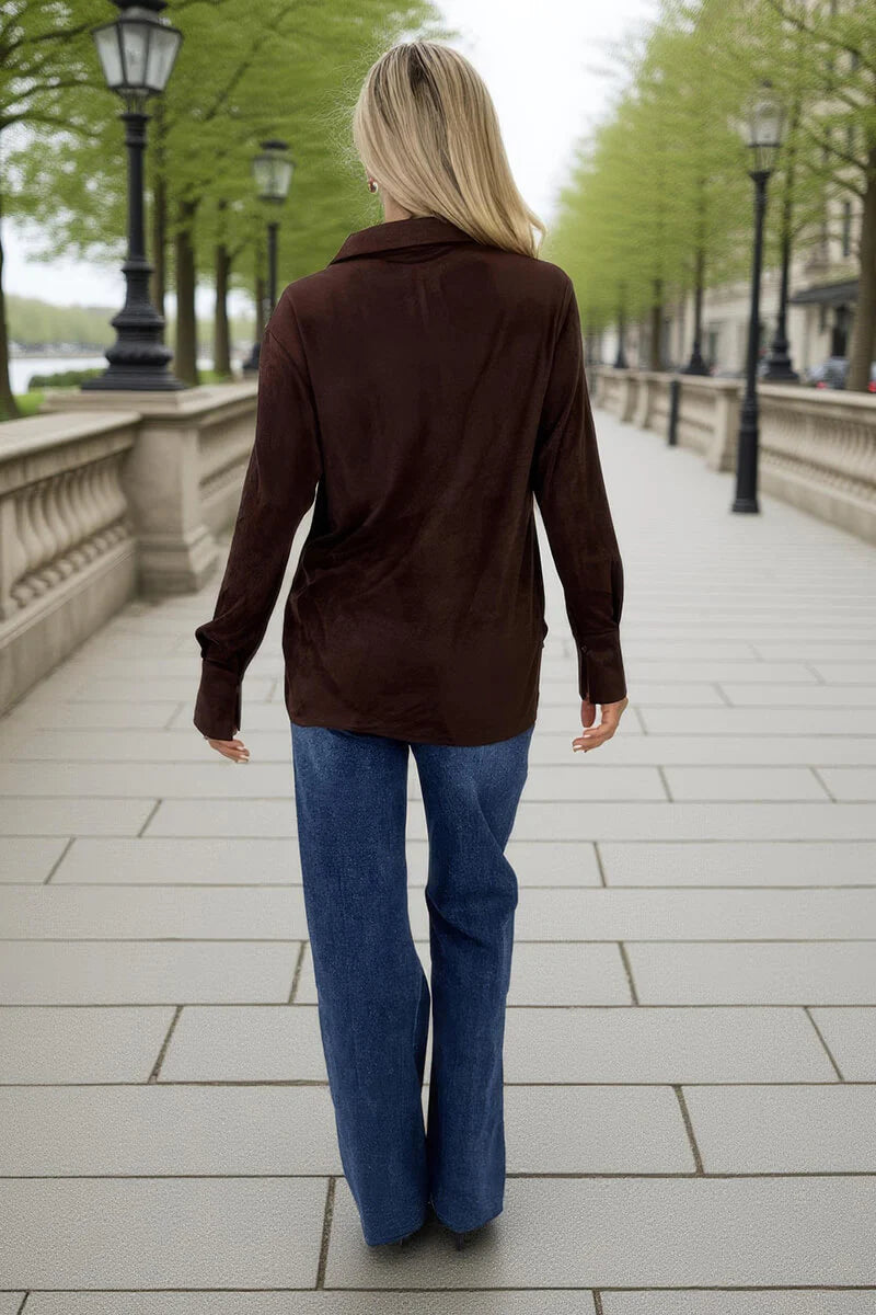 AX Paris - TA663 - Chocolate Faux Suede Long Sleeve Utility Shirt