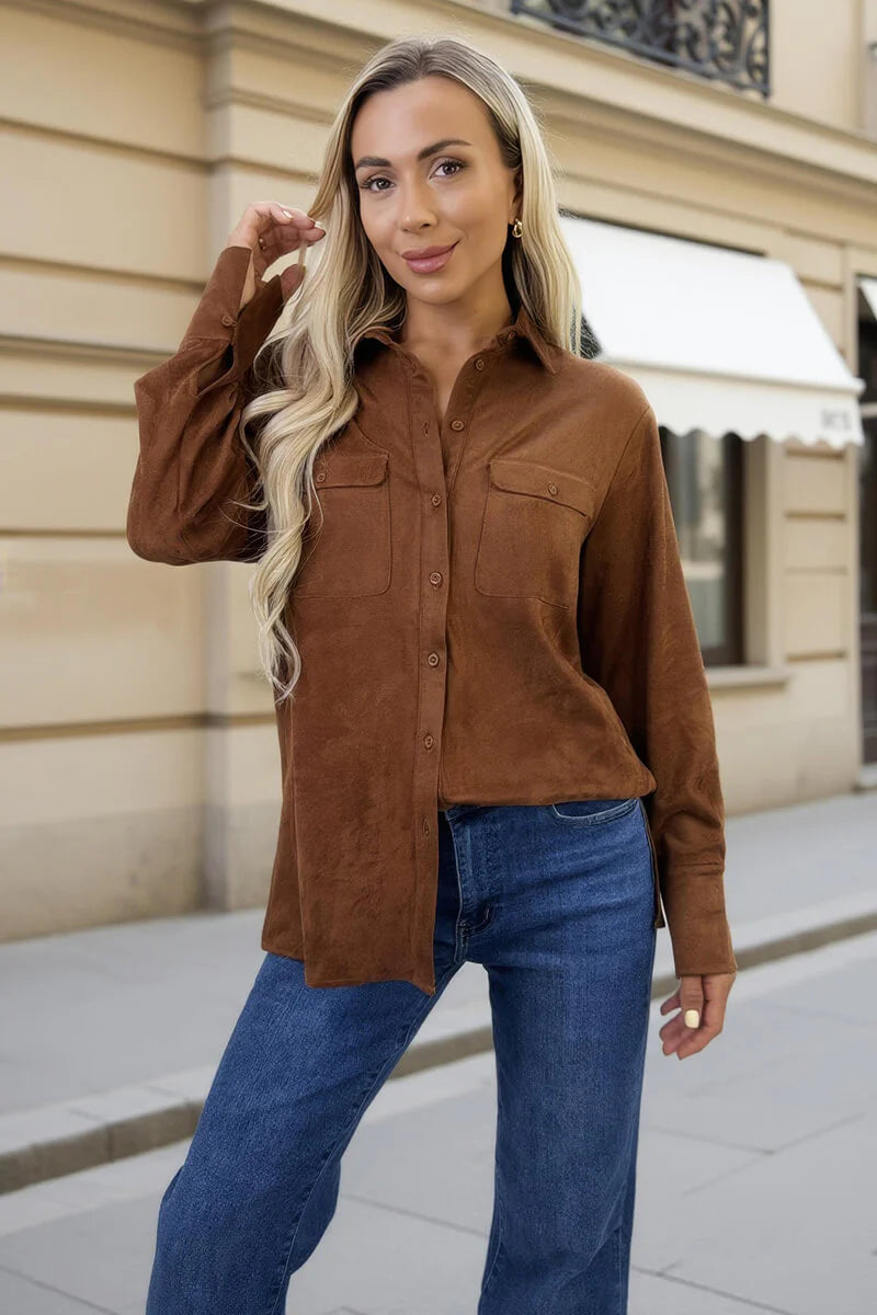 AX Paris - TA663 - Tan Faux Suede Long Sleeve Utility Shirt