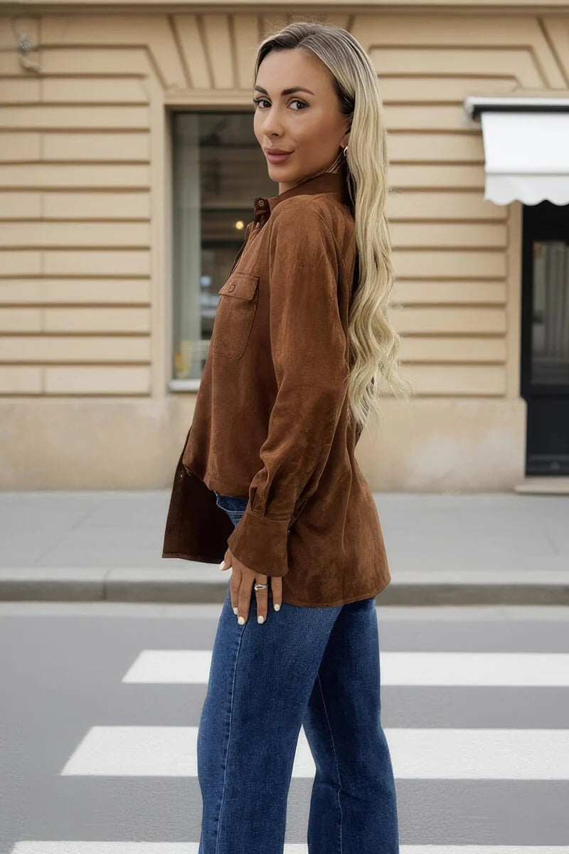 AX Paris - TA663 - Tan Faux Suede Long Sleeve Utility Shirt