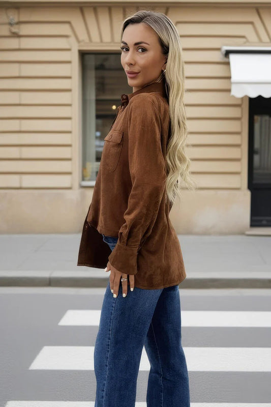 AX Paris - TA663 - Tan Faux Suede Long Sleeve Utility Shirt