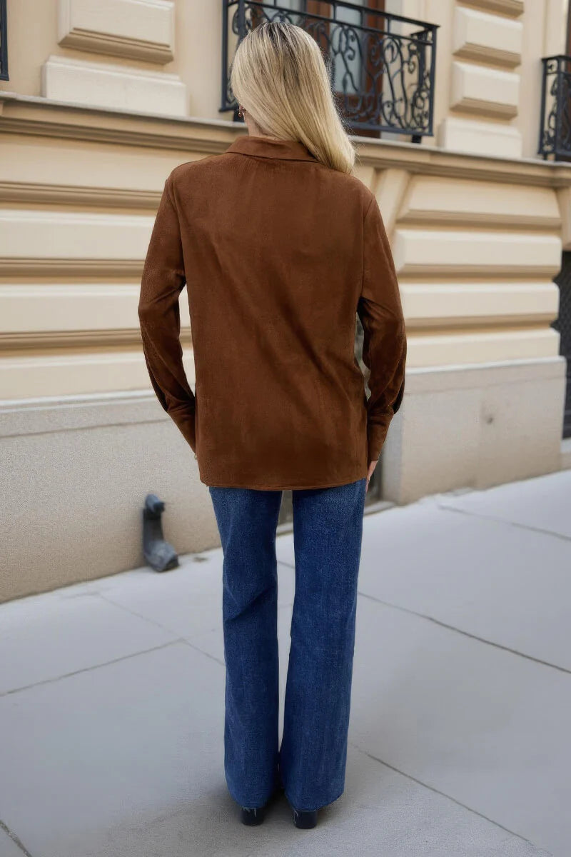 AX Paris - TA663 - Tan Faux Suede Long Sleeve Utility Shirt