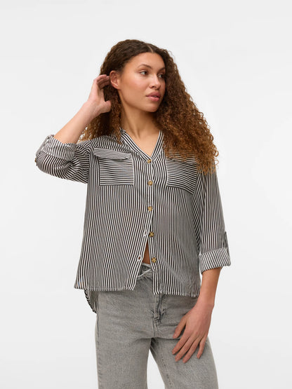 Vero Moda - BUMPY - Stripe front pocket shirt - Dark Chocolate