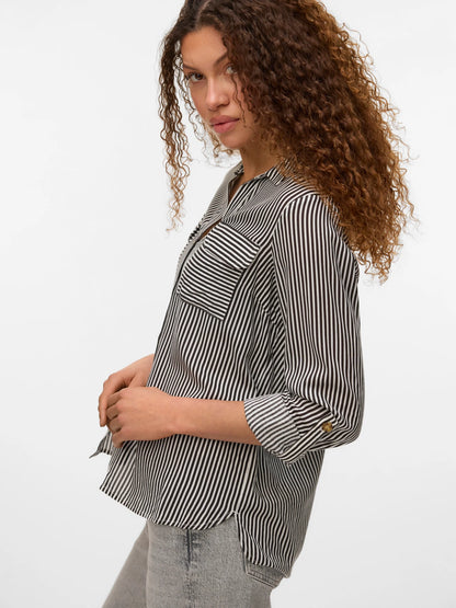 Vero Moda - BUMPY - Stripe front pocket shirt - Dark Chocolate