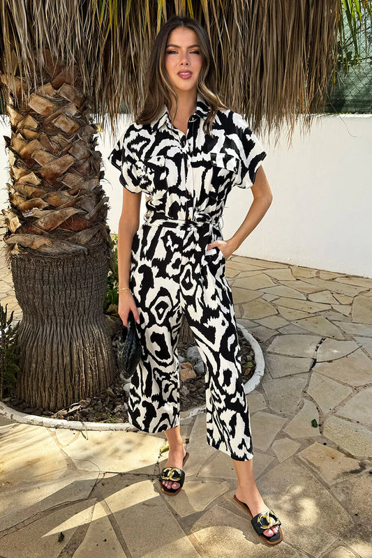 AX Paris - PA661 - Black And Cream Abstract Print Button Front Collared Tie Waist Jumpsuit