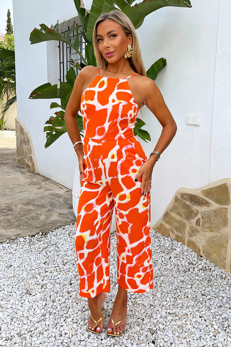 AX Paris - PA669 - Orange Giraffe Print Strappy Racer Neck Jumpsuit