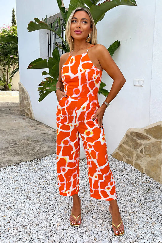 AX Paris - PA669 - Orange Giraffe Print Strappy Racer Neck Jumpsuit