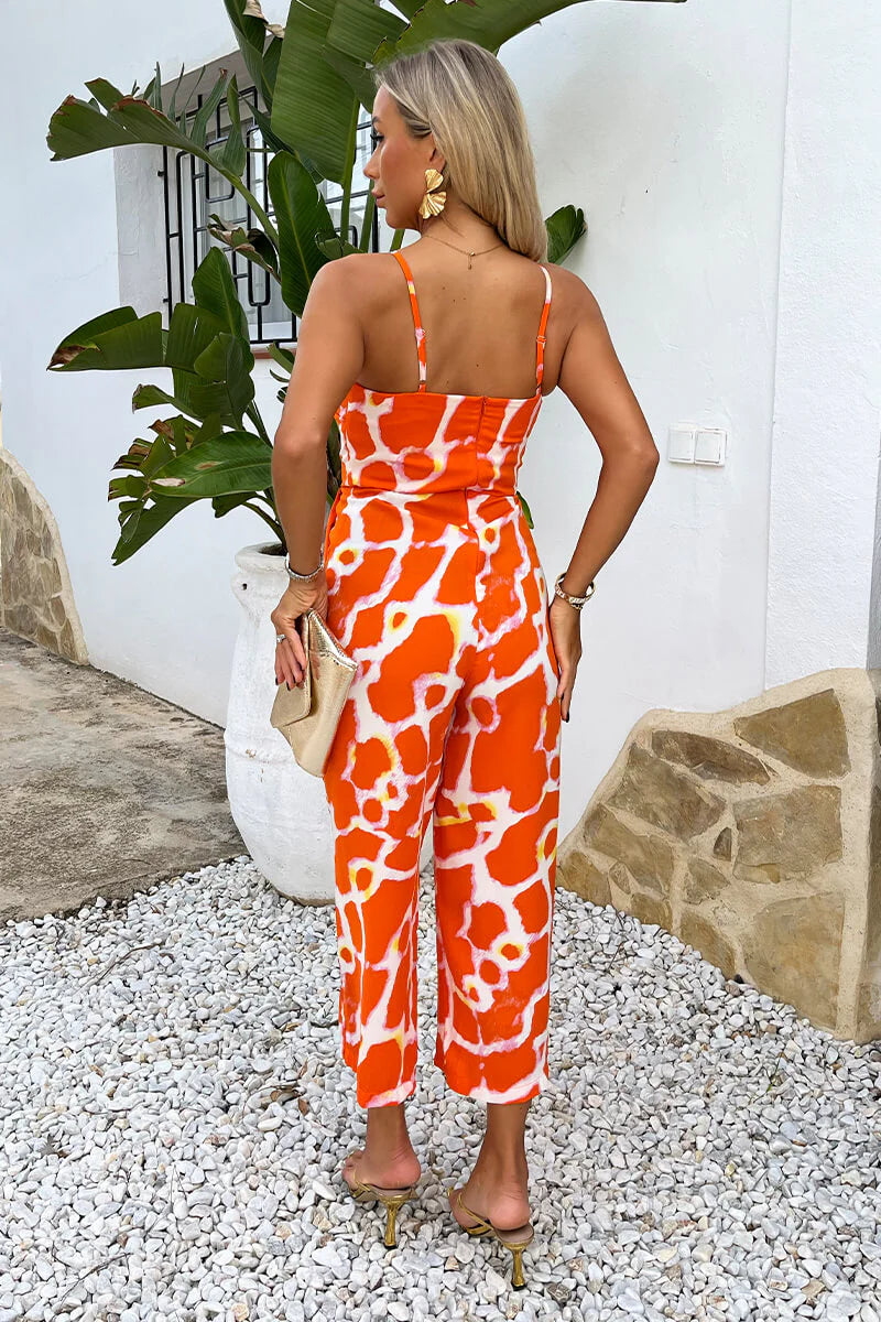 AX Paris - PA669 - Orange Giraffe Print Strappy Racer Neck Jumpsuit