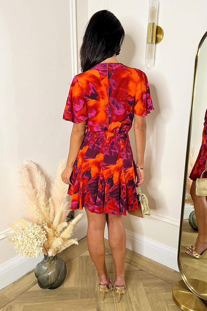 AX Paris - DA2064 - Orange And Purple Abstract Print Wrap Top Skater Mini Dress